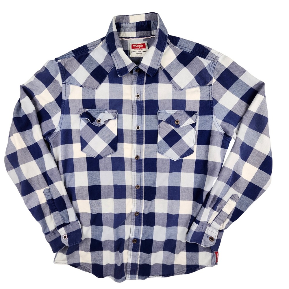 Wrangler Buffalo Plaid Western Flannel Shirt Mens Medium Blue White Long Sleeve
